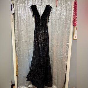 Glamorous Black Feathered Sequin Gown